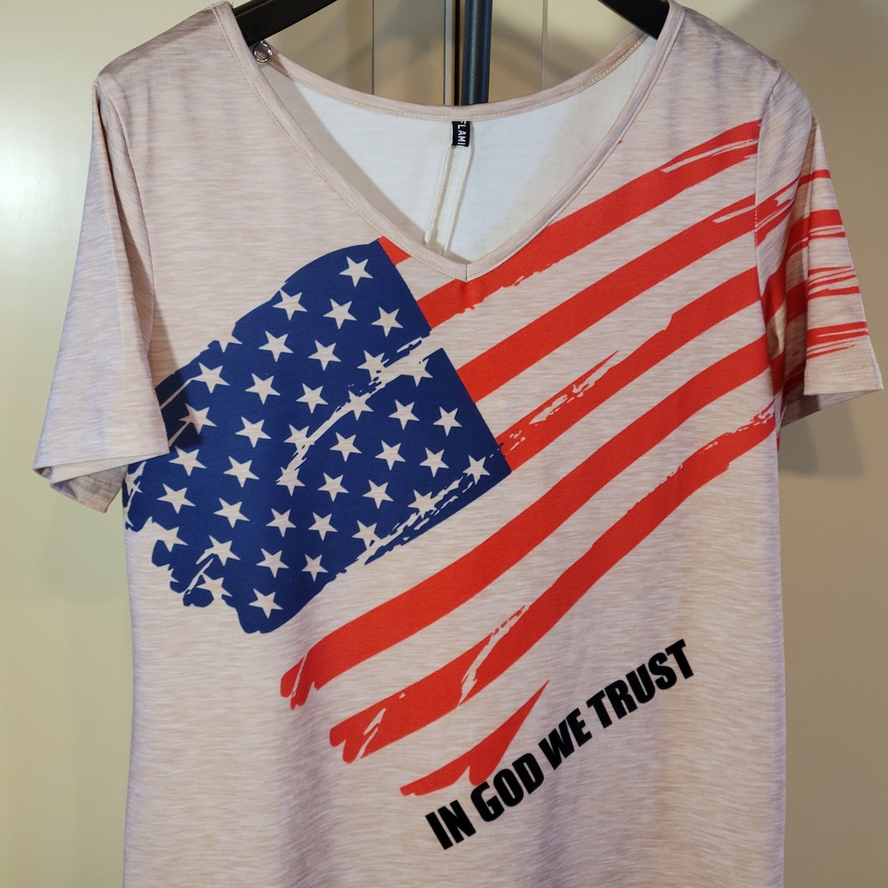 In God We Trust V-Neck Short Sleeve Tee - Cream with Flag Graphic